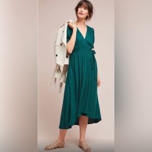 Anthropologie - Maeve Breanne Forest Green Short Sleeve Wrap Maxi Dress Size 6